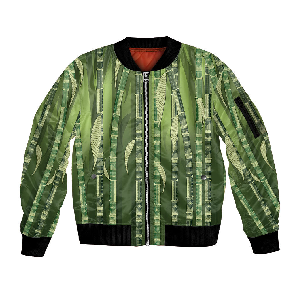 Personalised Fiji Language Week Sugarcane Masi Sleeve Zip Bomber Jacket Green Tapa Tribal Pattern DT05 Unisex Green - Polynesian Pride