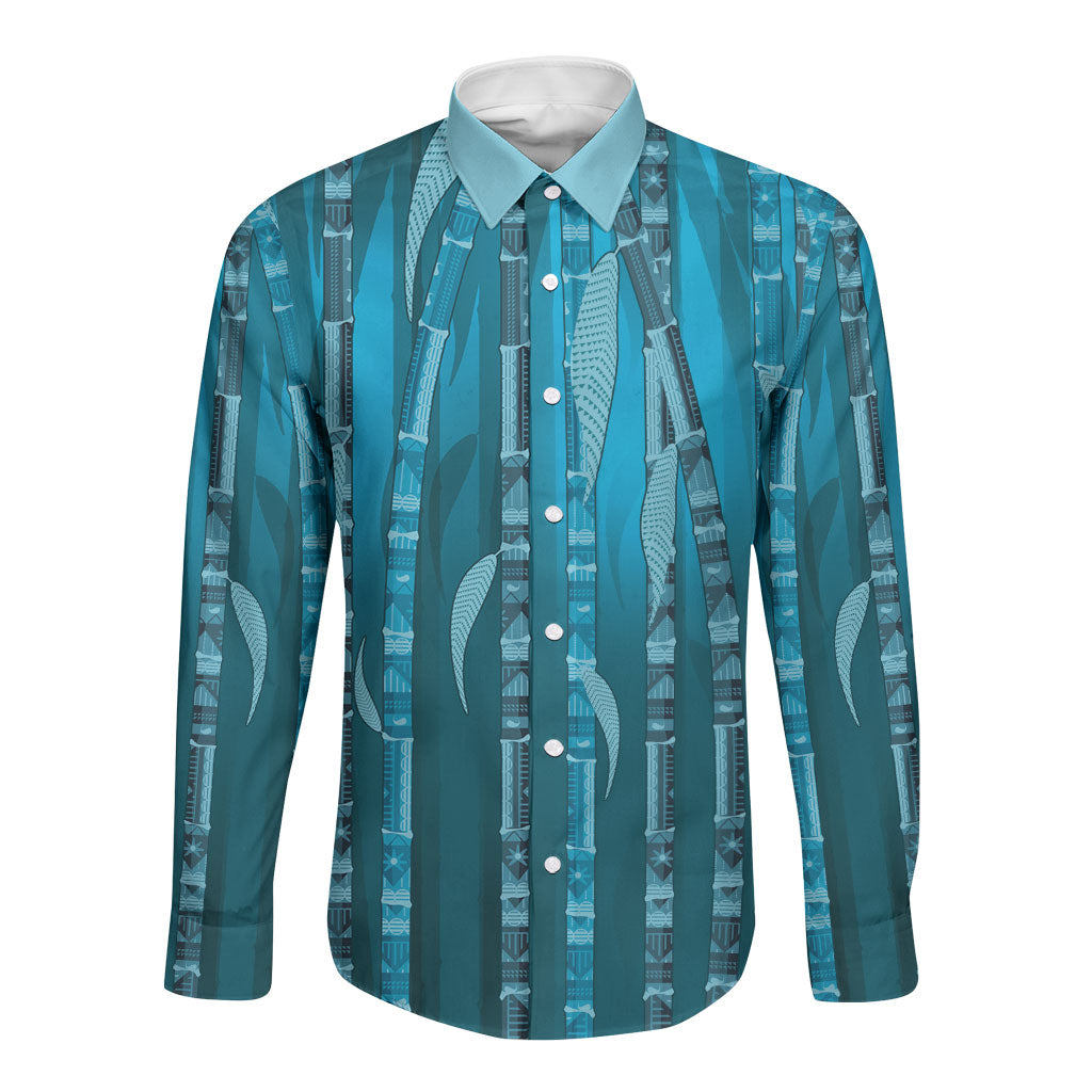 Personalised Fiji Language Week Sugarcane Masi Long Sleeve Button Shirt Blue Tapa Tribal Pattern DT05 Unisex Blue - Polynesian Pride