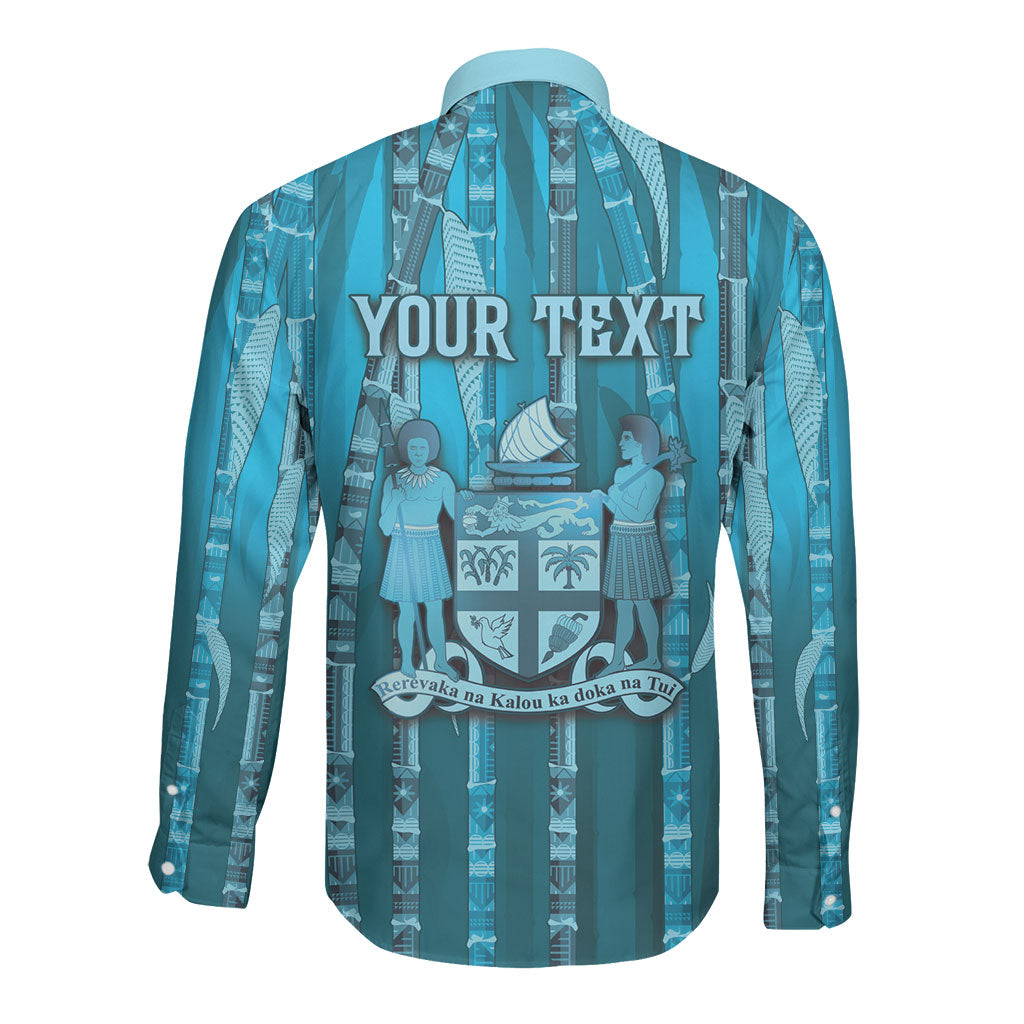 Personalised Fiji Language Week Sugarcane Masi Long Sleeve Button Shirt Blue Tapa Tribal Pattern DT05 - Polynesian Pride