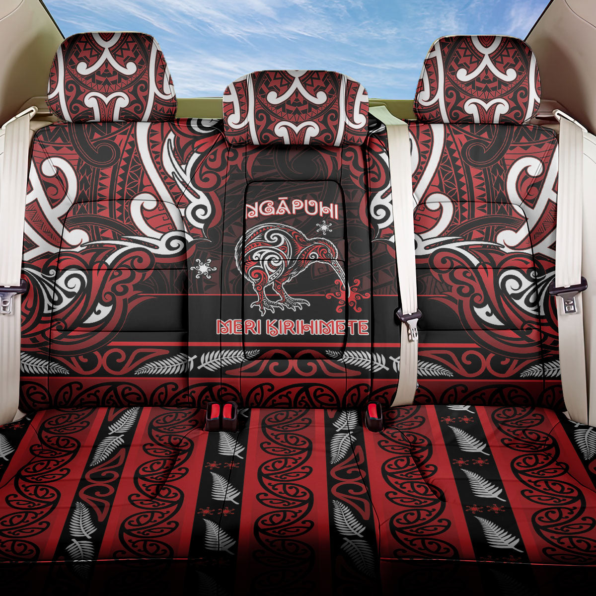 Ngapuhi Aotearoa Meri Kirihimete Back Car Seat Cover Maori Kiwi Bird Silver Fern Koru Pattern DT05 One Size Red - Polynesian Pride