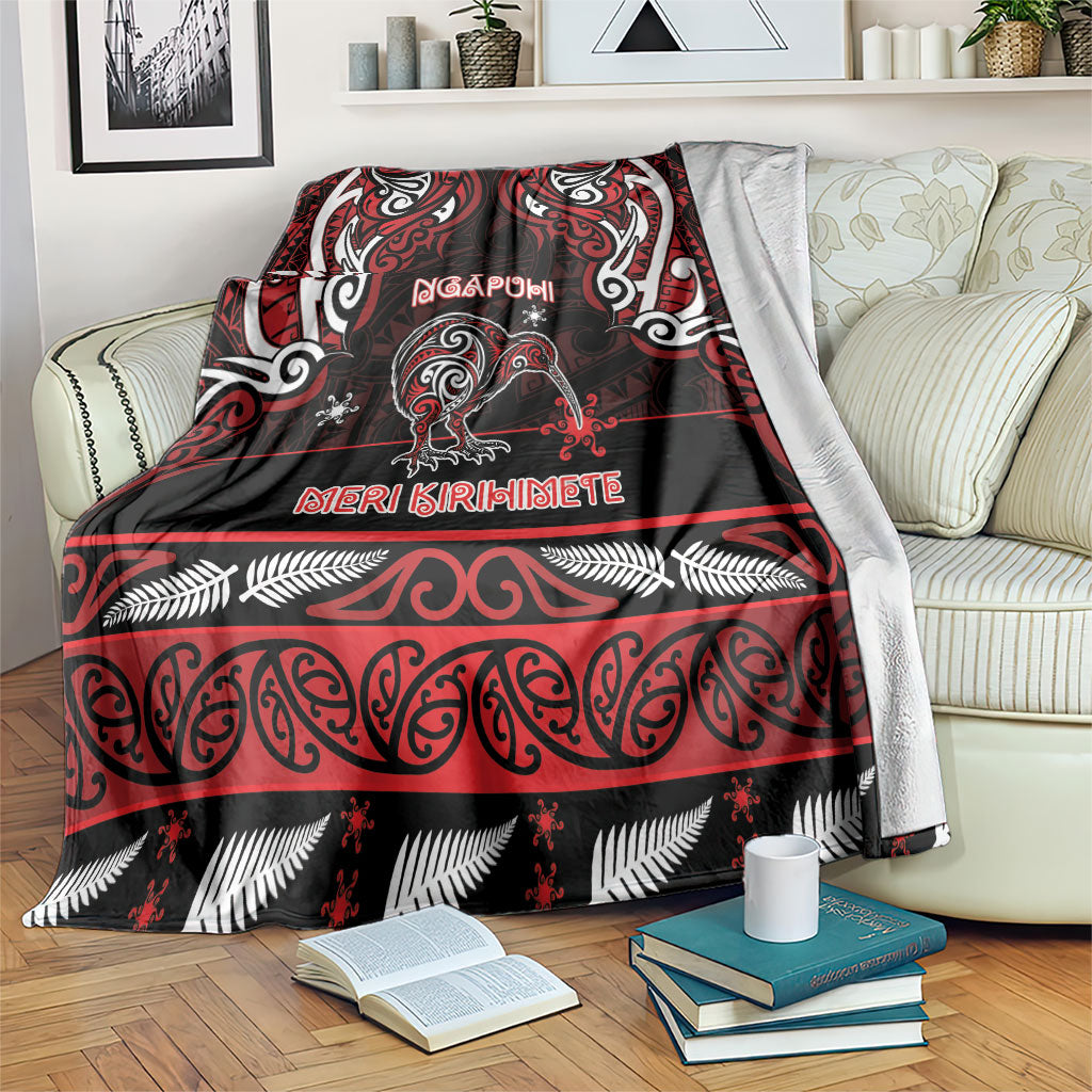 Ngapuhi Aotearoa Meri Kirihimete Blanket Maori Kiwi Bird Silver Fern Koru Pattern DT05 Red - Polynesian Pride
