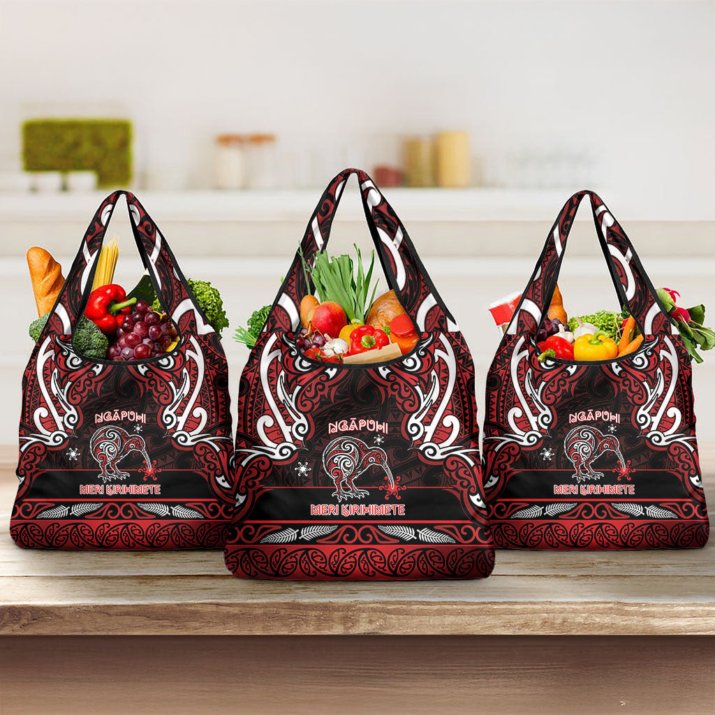 Ngapuhi Aotearoa Meri Kirihimete Grocery Bag Maori Kiwi Bird Silver Fern Koru Pattern DT05 3-pack One Size Red - Polynesian Pride