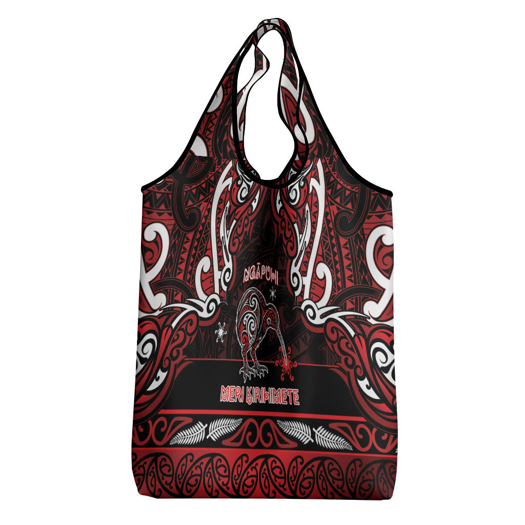Ngapuhi Aotearoa Meri Kirihimete Grocery Bag Maori Kiwi Bird Silver Fern Koru Pattern DT05 - Polynesian Pride
