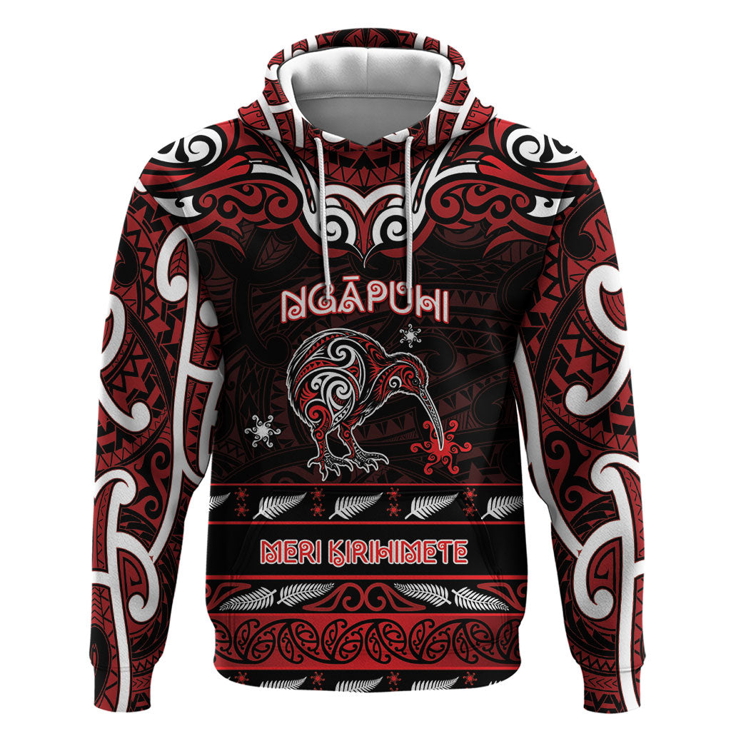 Personalised Ngapuhi Aotearoa Meri Kirihimete Hoodie Maori Kiwi Bird Silver Fern Koru Pattern DT05 Pullover Hoodie Red - Polynesian Pride