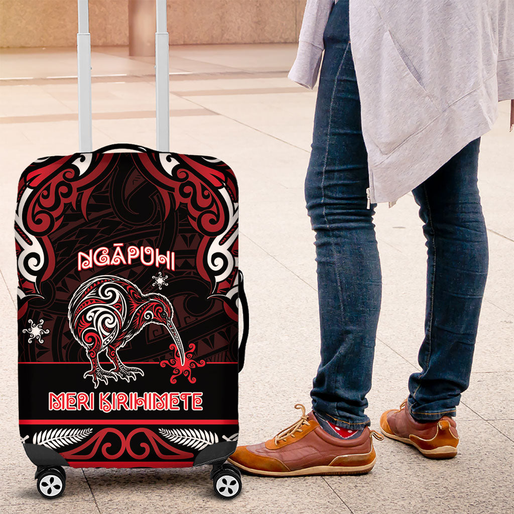 Ngapuhi Aotearoa Meri Kirihimete Luggage Cover Maori Kiwi Bird Silver Fern Koru Pattern DT05 Red - Polynesian Pride