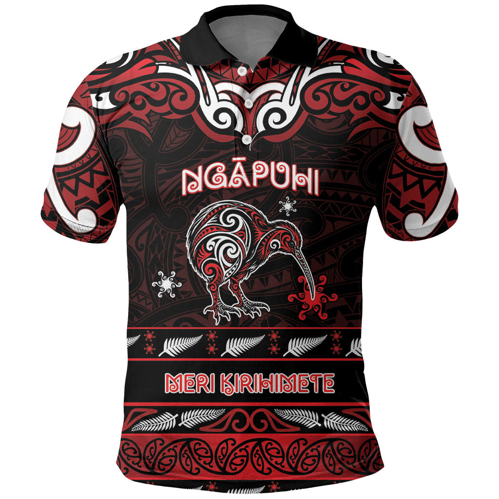 Personalised Ngapuhi Aotearoa Meri Kirihimete Polo Shirt Maori Kiwi Bird Silver Fern Koru Pattern DT05 Red - Polynesian Pride