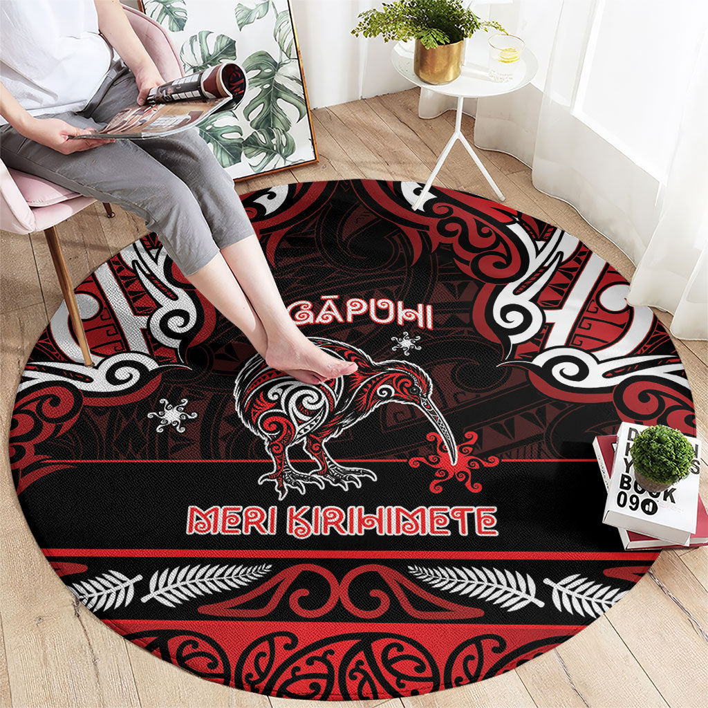 Ngapuhi Aotearoa Meri Kirihimete Round Carpet Maori Kiwi Bird Silver Fern Koru Pattern DT05 - Polynesian Pride