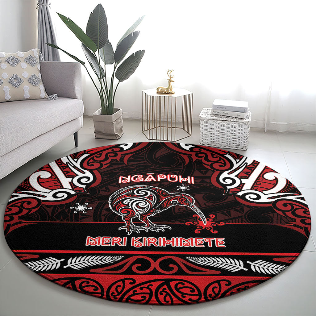 Ngapuhi Aotearoa Meri Kirihimete Round Carpet Maori Kiwi Bird Silver Fern Koru Pattern DT05 - Polynesian Pride