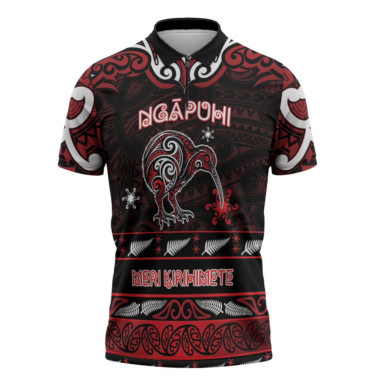 Personalised Ngapuhi Aotearoa Meri Kirihimete Zipper Polo Shirt Maori Kiwi Bird Silver Fern Koru Pattern DT05 Red - Polynesian Pride