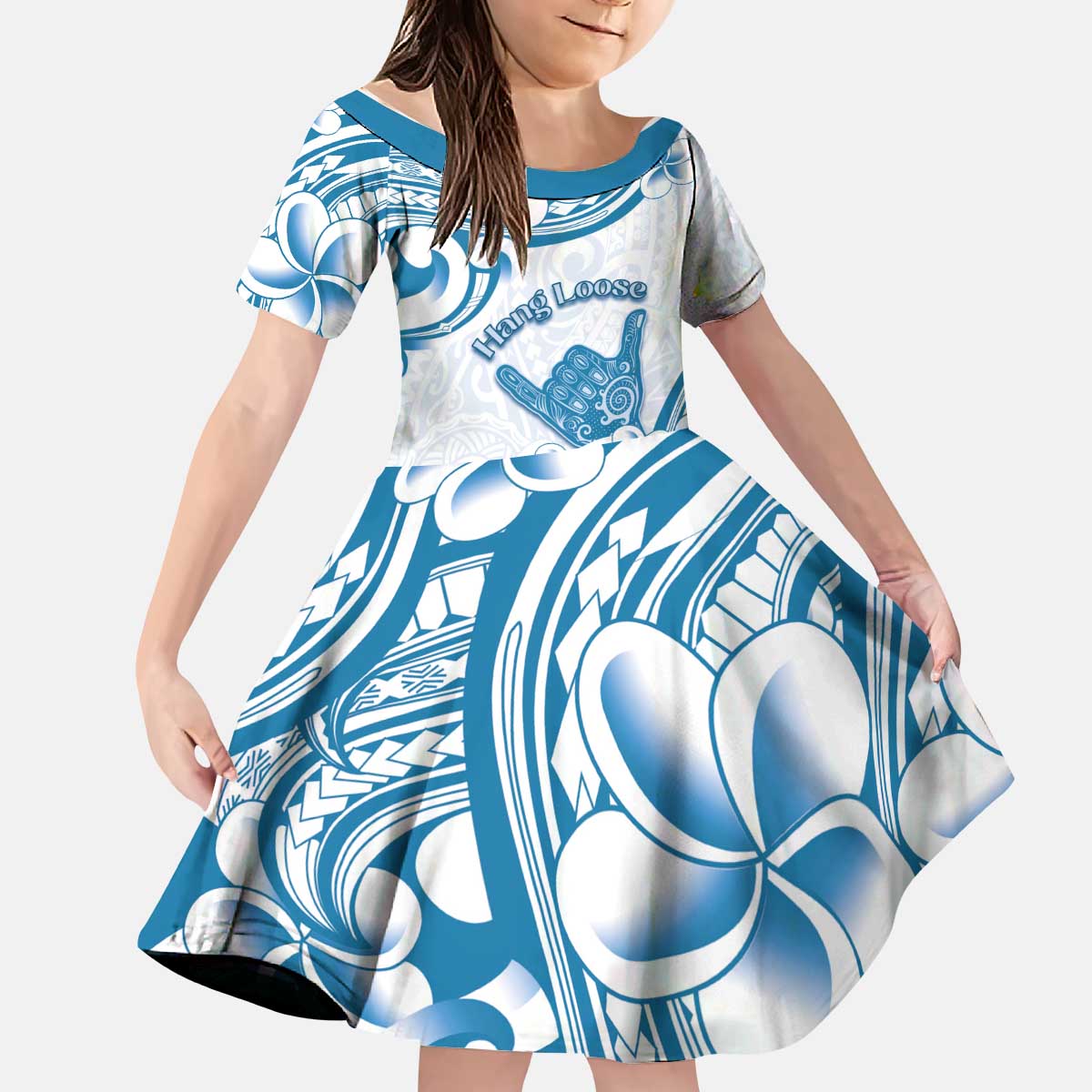 Aloha Hawaii Shaka Kid Short Sleeve Dress Hang Loose Blue Version DT05 KID Blue - Polynesian Pride