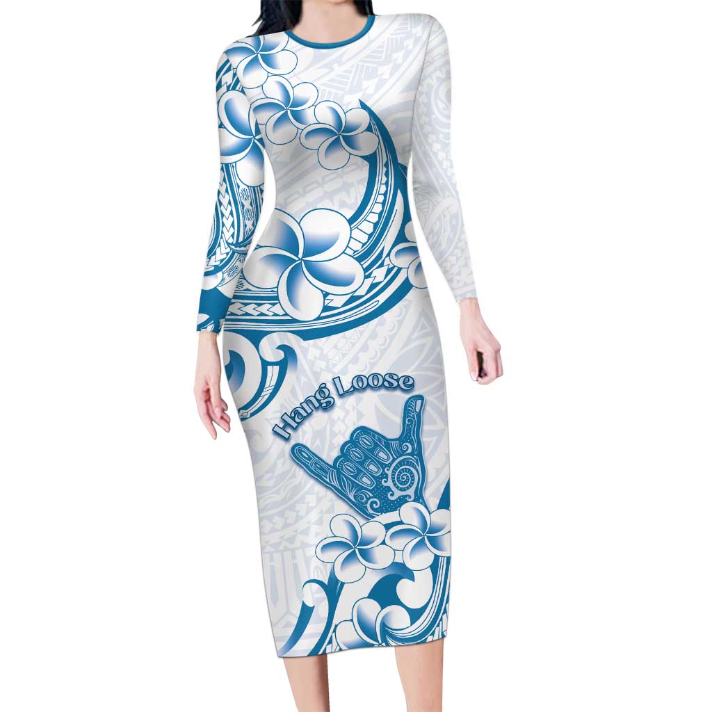 Aloha Hawaii Shaka Long Sleeve Bodycon Dress Hang Loose Blue Version DT05 Long Dress Blue - Polynesian Pride
