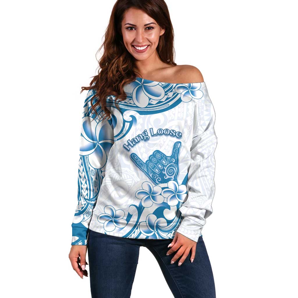 Aloha Hawaii Shaka Off Shoulder Sweater Hang Loose Blue Version DT05 Women Blue - Polynesian Pride
