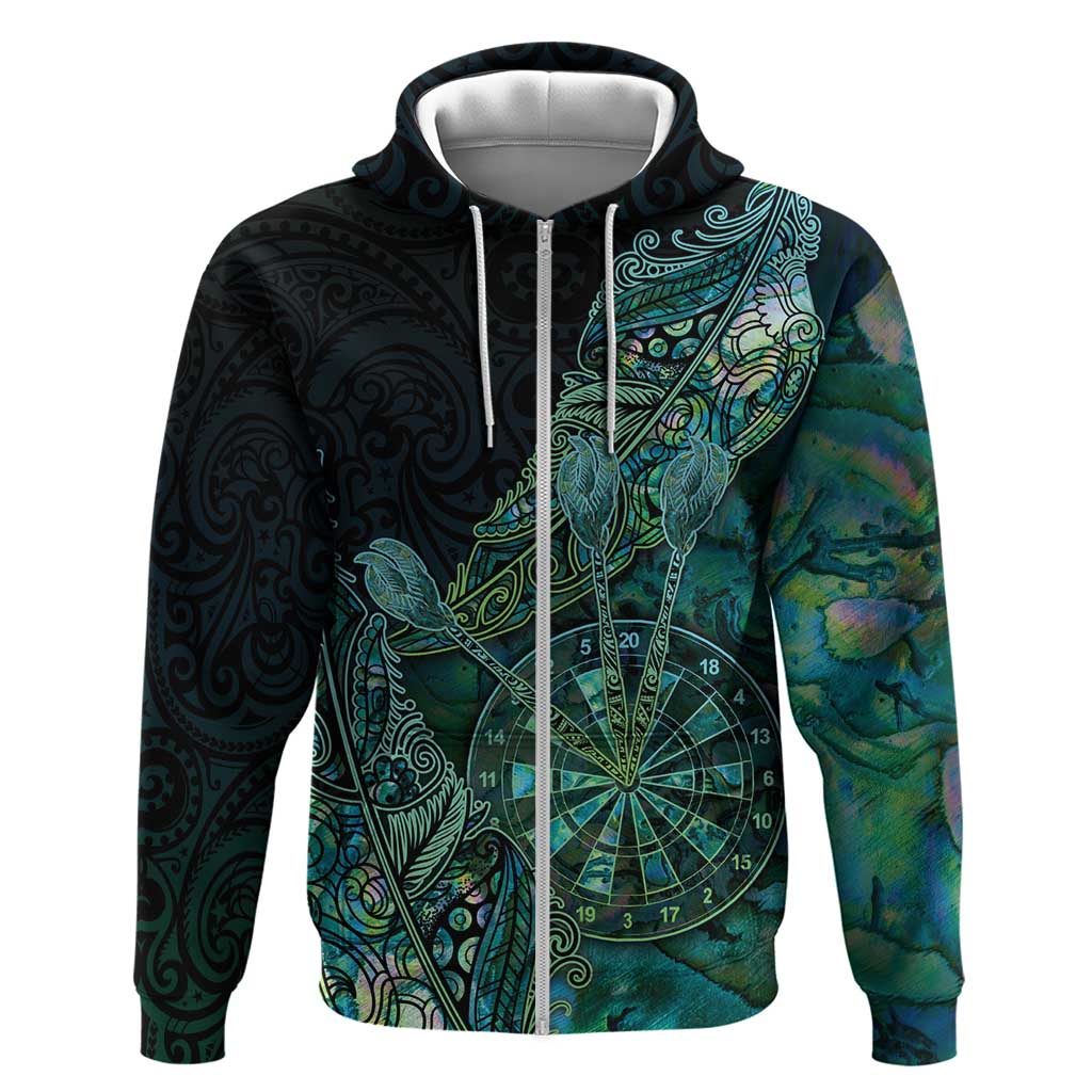 Personalised New Zealand Dart Hoodie Maori Fern With Paua Shell DT05 Zip Hoodie Green - Polynesian Pride
