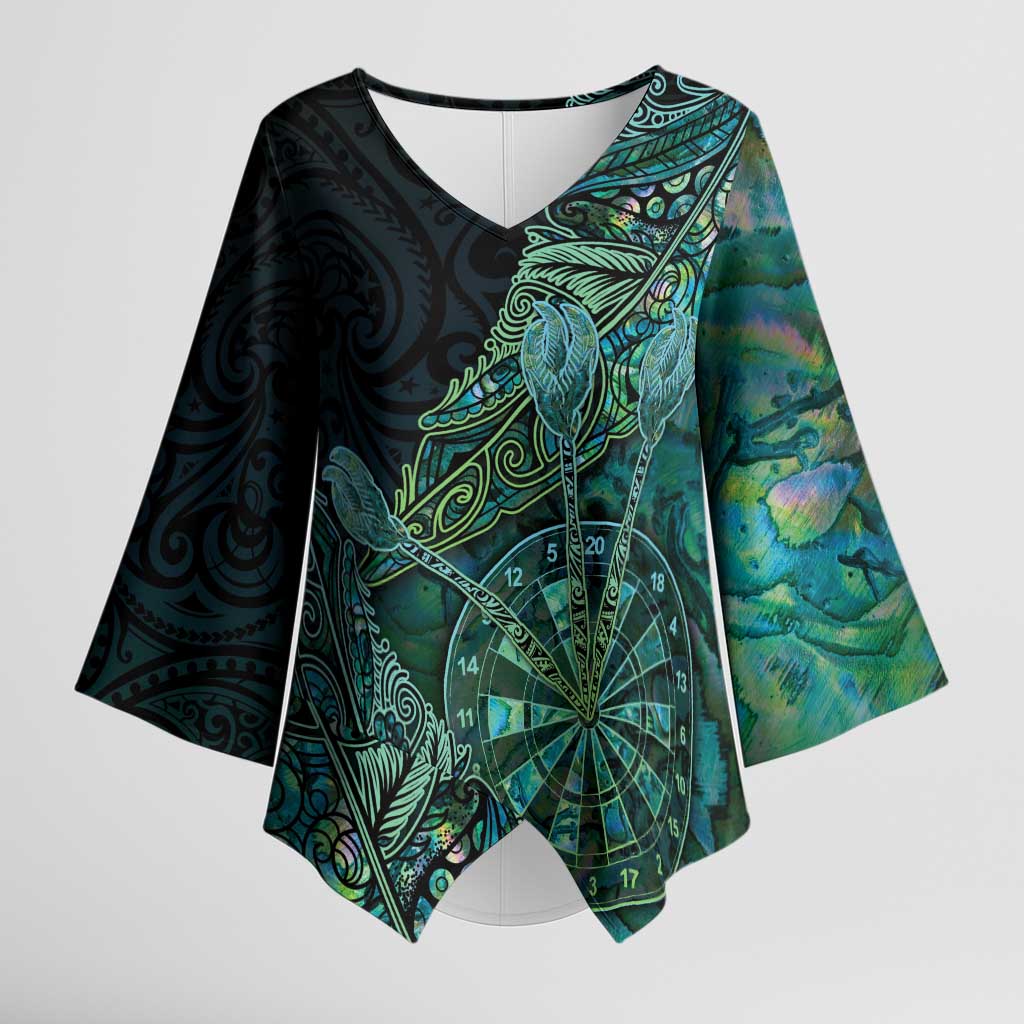 Personalised New Zealand Dart Kimono Sleeve Blouse Maori Fern With Paua Shell DT05 Female Green - Polynesian Pride