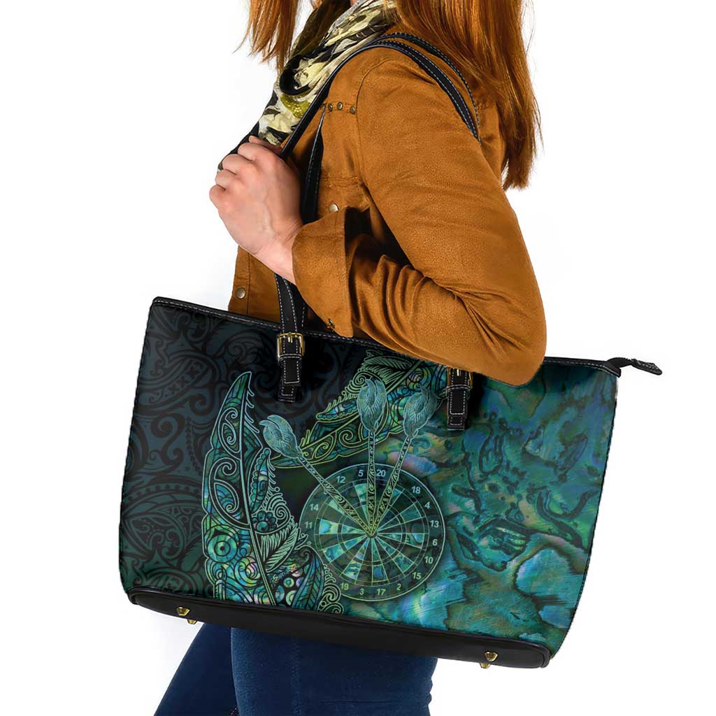New Zealand Dart Leather Tote Bag Maori Fern With Paua Shell DT05 Green - Polynesian Pride