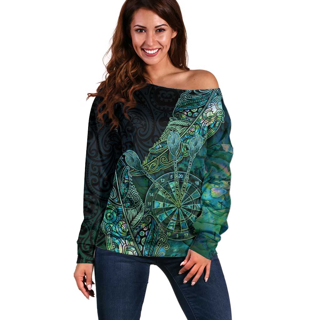 Personalised New Zealand Dart Off Shoulder Sweater Maori Fern With Paua Shell DT05 Women Green - Polynesian Pride