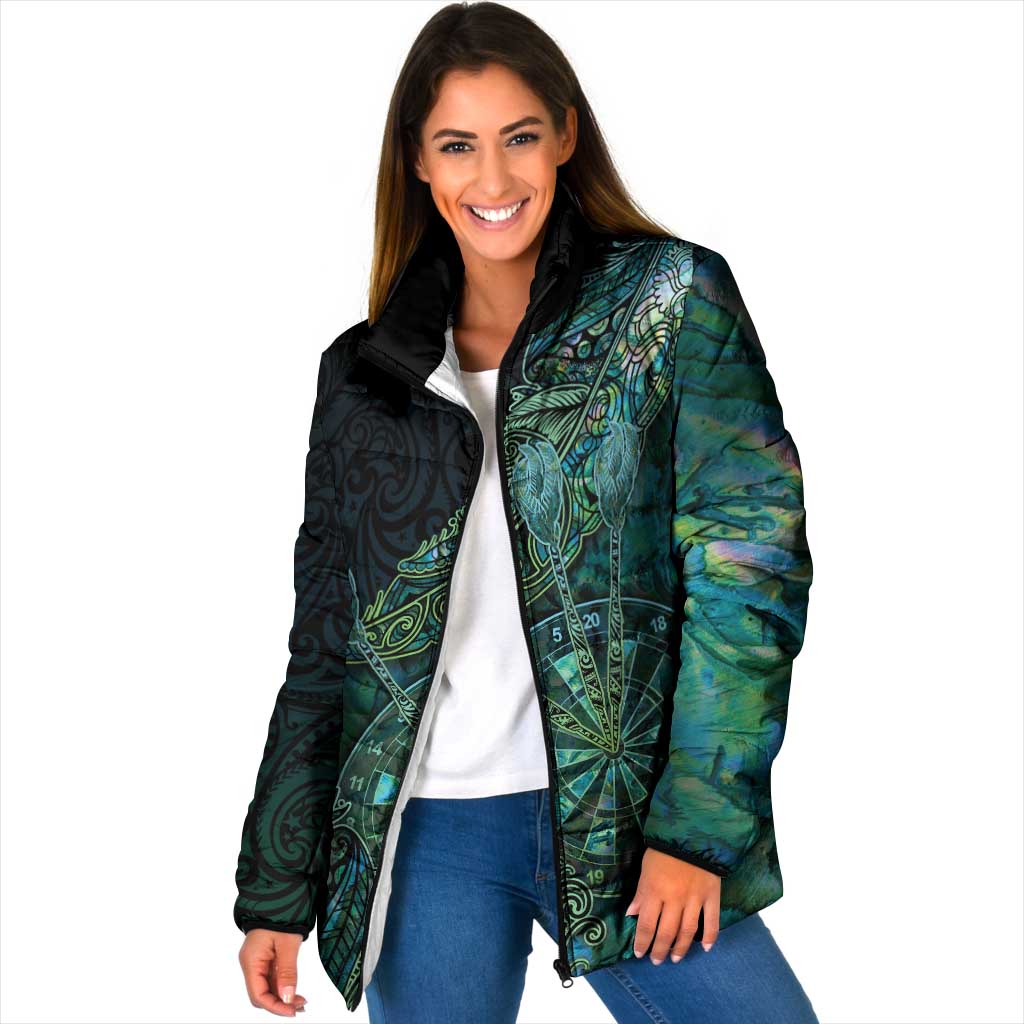 Personalised New Zealand Dart Padded Jacket Maori Fern With Paua Shell DT05 Women Green - Polynesian Pride