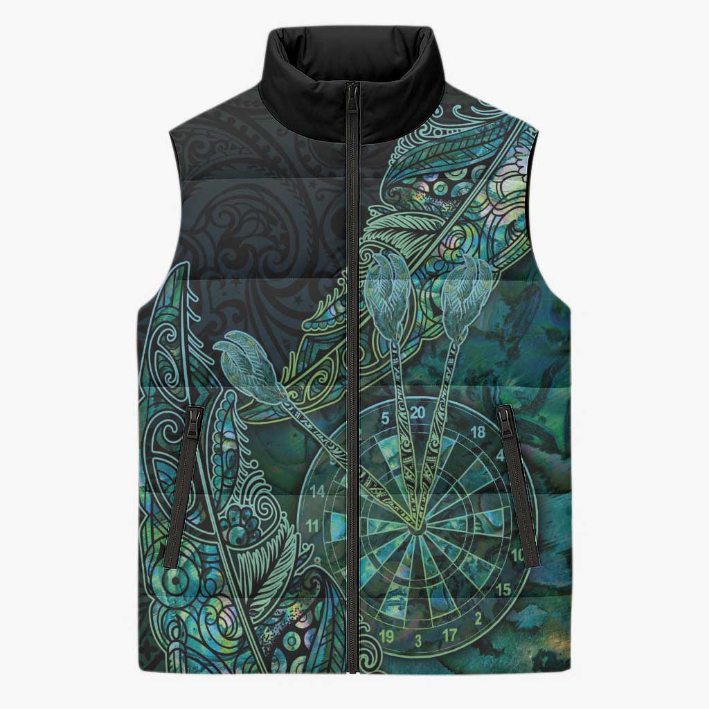 Personalised New Zealand Dart Sleeveless Puffer Jacket Maori Fern With Paua Shell DT05 Unisex Green - Polynesian Pride