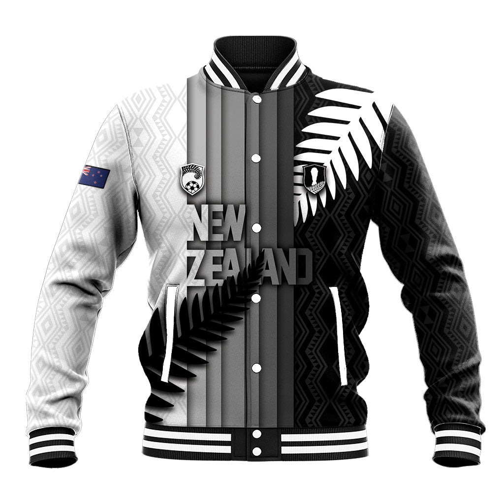 Custom New Zealand Football Baseball Jacket Silver Fern Maori Pattern Monochrome DT05 Unisex White - Polynesian Pride