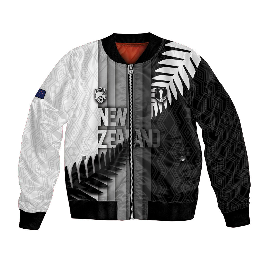Custom New Zealand Football Bomber Jacket Silver Fern Maori Pattern Monochrome DT05 Unisex White - Polynesian Pride