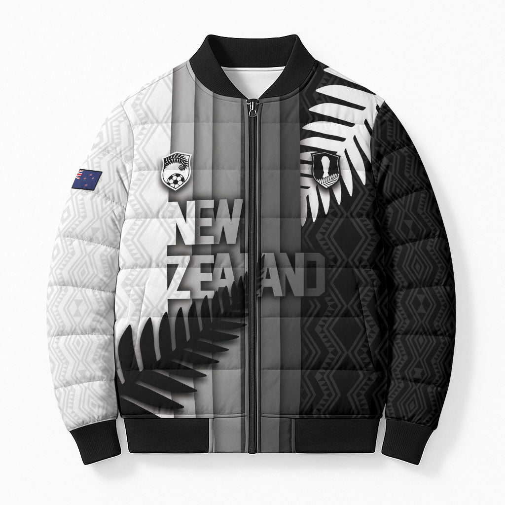 Custom New Zealand Football Bomber Puffer Jacket Silver Fern Maori Pattern Monochrome DT05 Unisex White - Polynesian Pride