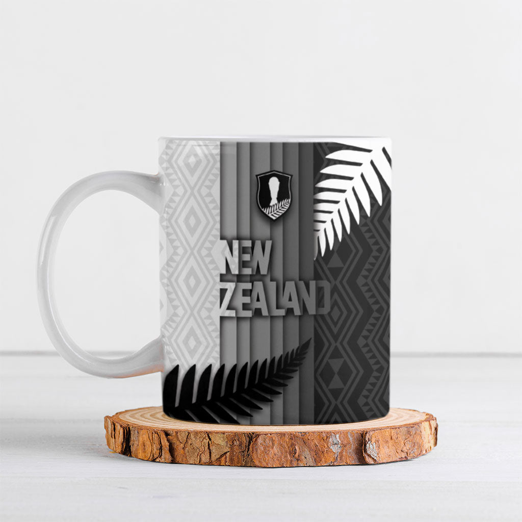 Custom New Zealand Football Ceramic Mug Silver Fern Maori Pattern Monochrome DT05 White - Polynesian Pride