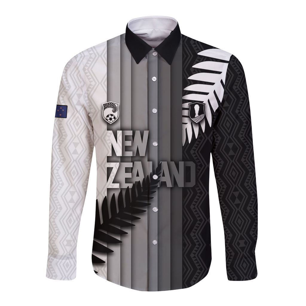 Custom New Zealand Football Long Sleeve Button Shirt Silver Fern Maori Pattern Monochrome DT05 Unisex White - Polynesian Pride