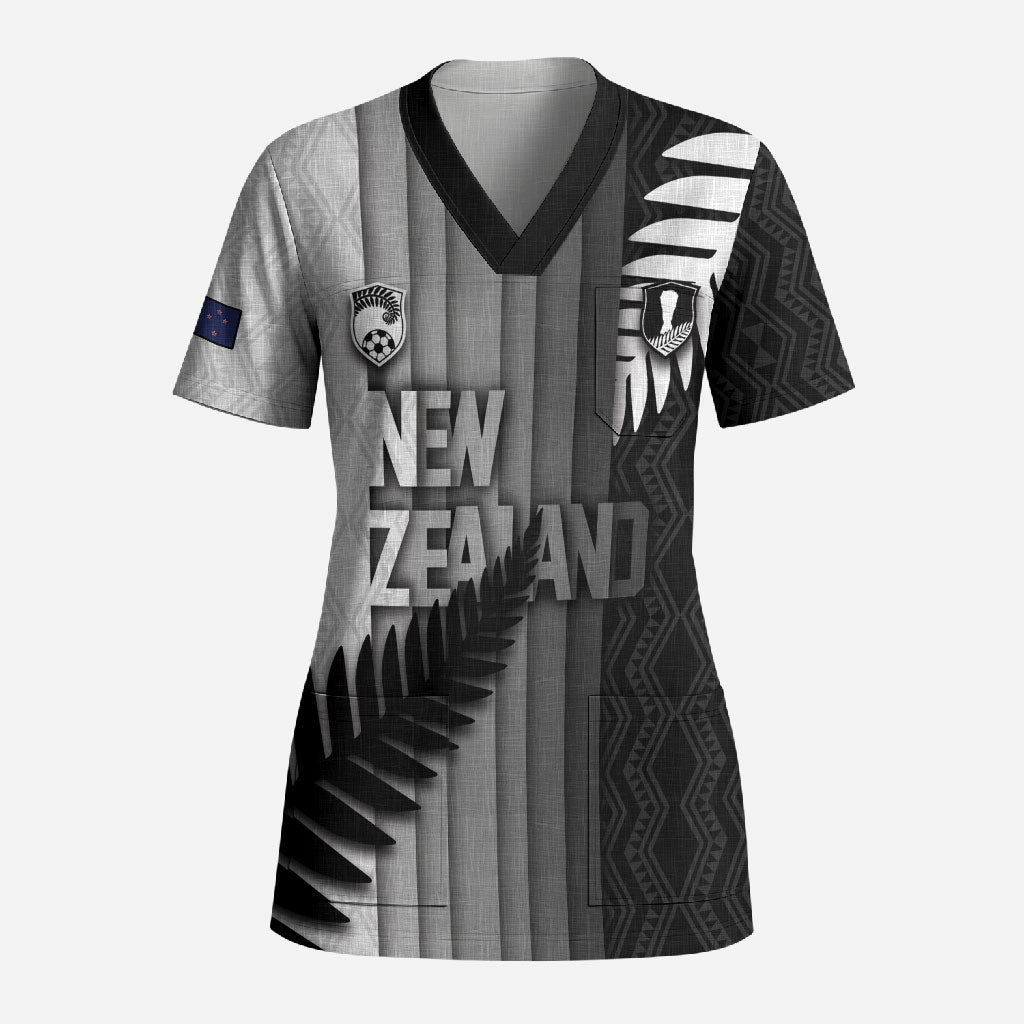 Custom New Zealand Football Scrub Top Silver Fern Maori Pattern Monochrome DT05 Adult White - Polynesian Pride