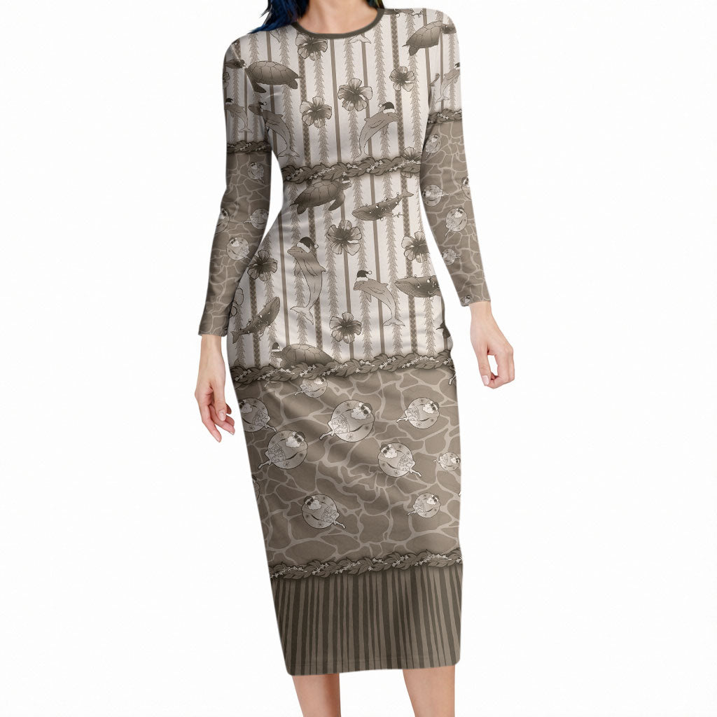 Hawaii Christmas In July Long Sleeve Bodycon Dress Beige Mele Kalikimaka Sea Animals DT05 Long Dress Beige - Polynesian Pride