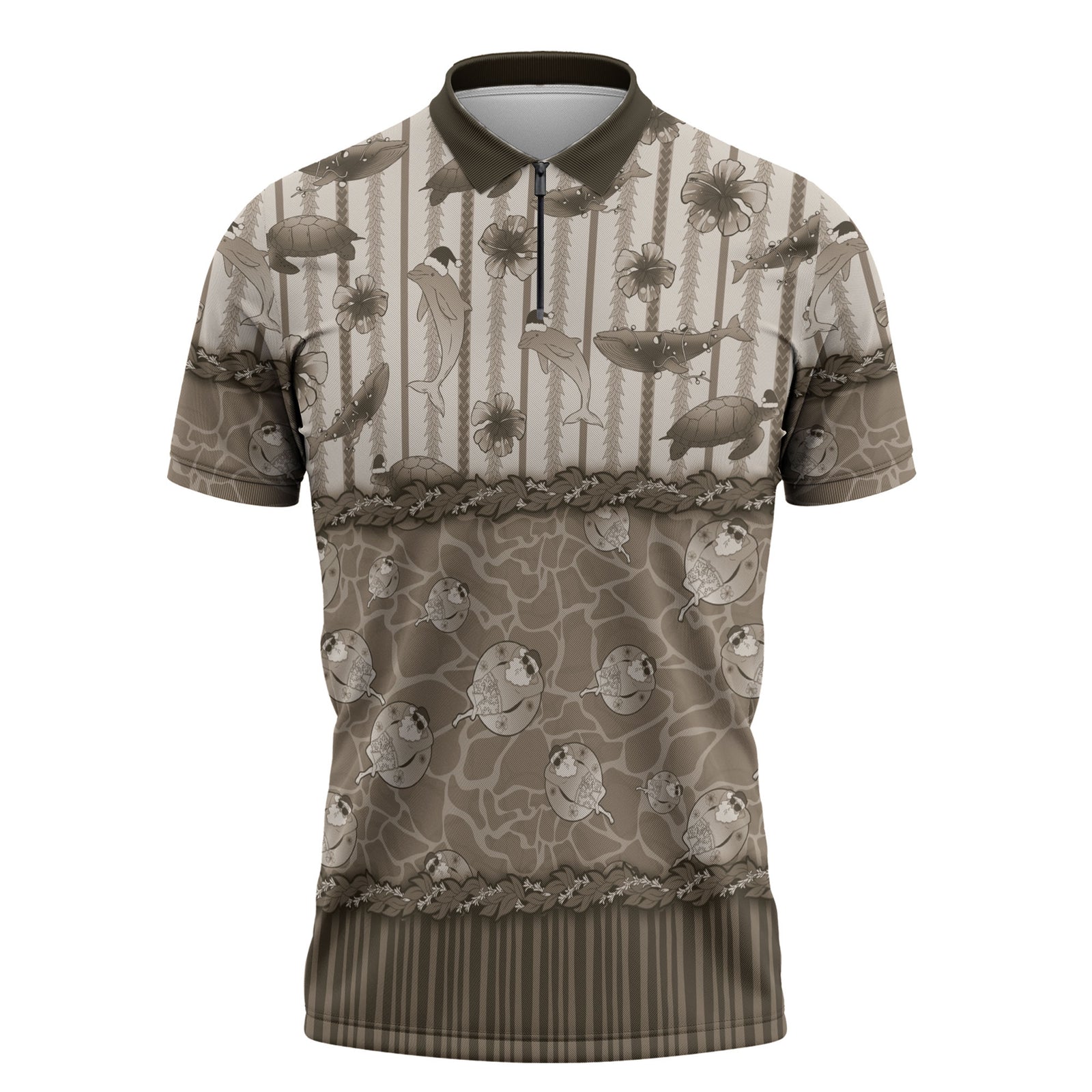 Hawaii Christmas In July Zipper Polo Shirt Beige Mele Kalikimaka Sea Animals DT05 Beige - Polynesian Pride