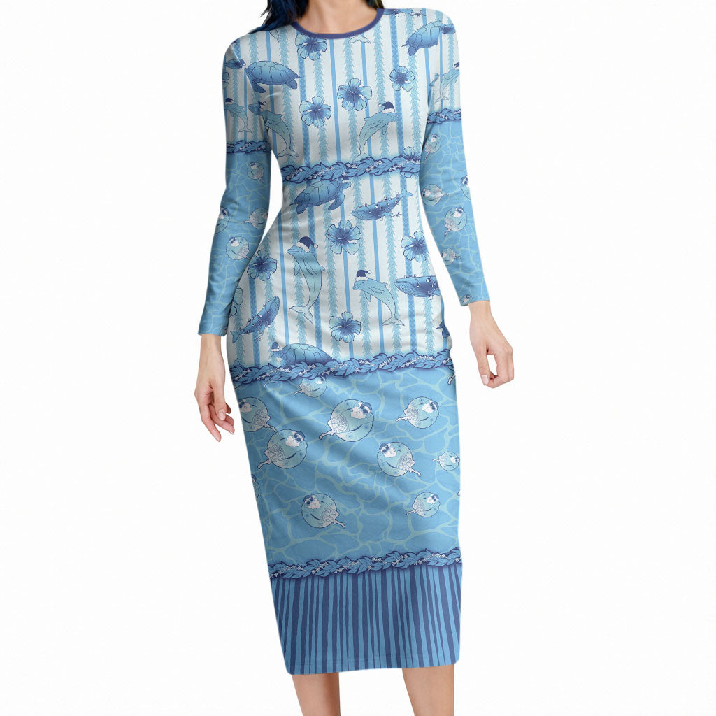 Hawaii Christmas In July Long Sleeve Bodycon Dress Sky Blue Mele Kalikimaka Sea Animals DT05 Long Dress Blue - Polynesian Pride