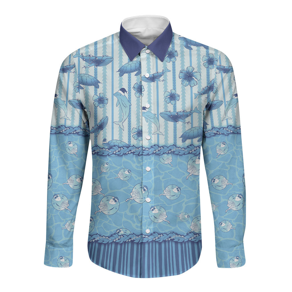 Hawaii Christmas In July Long Sleeve Button Shirt Sky Blue Mele Kalikimaka Sea Animals DT05 Unisex Blue - Polynesian Pride