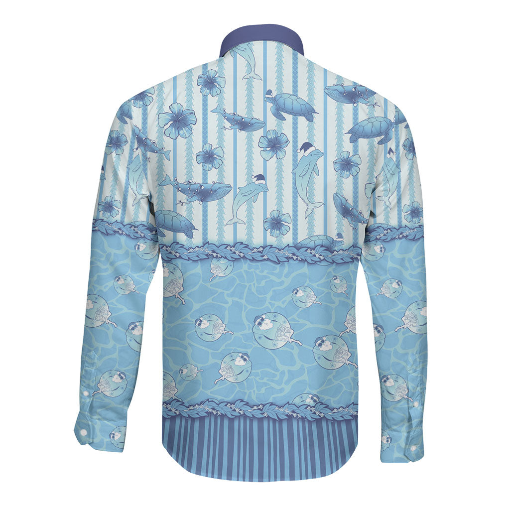 Hawaii Christmas In July Long Sleeve Button Shirt Sky Blue Mele Kalikimaka Sea Animals DT05 - Polynesian Pride