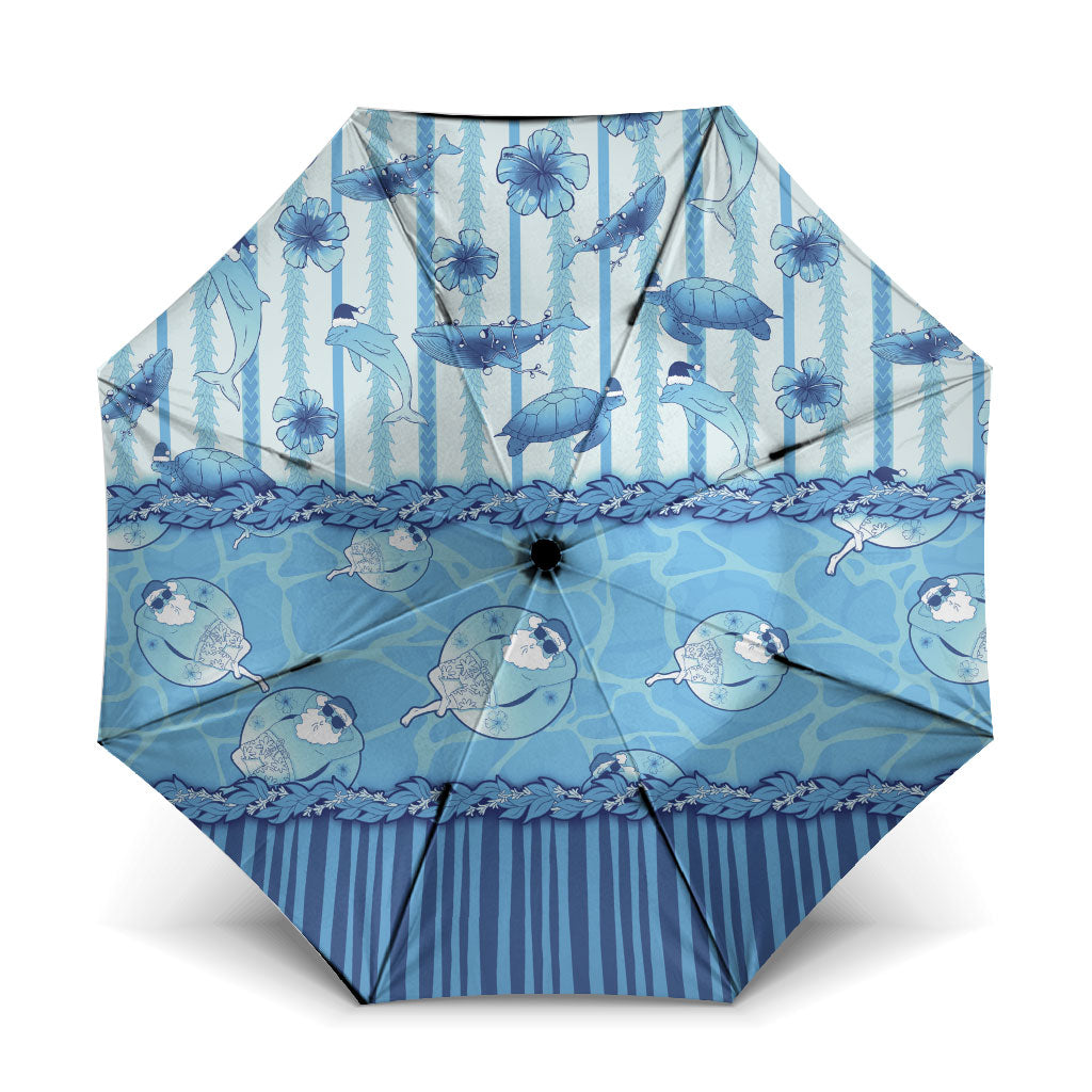 Hawaii Christmas In July Umbrella Sky Blue Mele Kalikimaka Sea Animals DT05 One Size Folded 11.42 inch Opened Diameter 37.4 inch Blue - Polynesian Pride