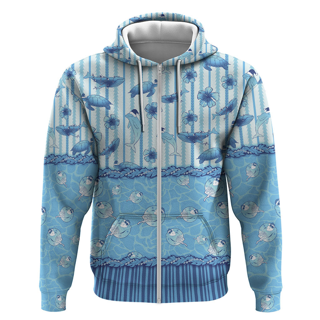 Hawaii Christmas In July Zip Hoodie Sky Blue Mele Kalikimaka Sea Animals DT05 Zip Hoodie Blue - Polynesian Pride