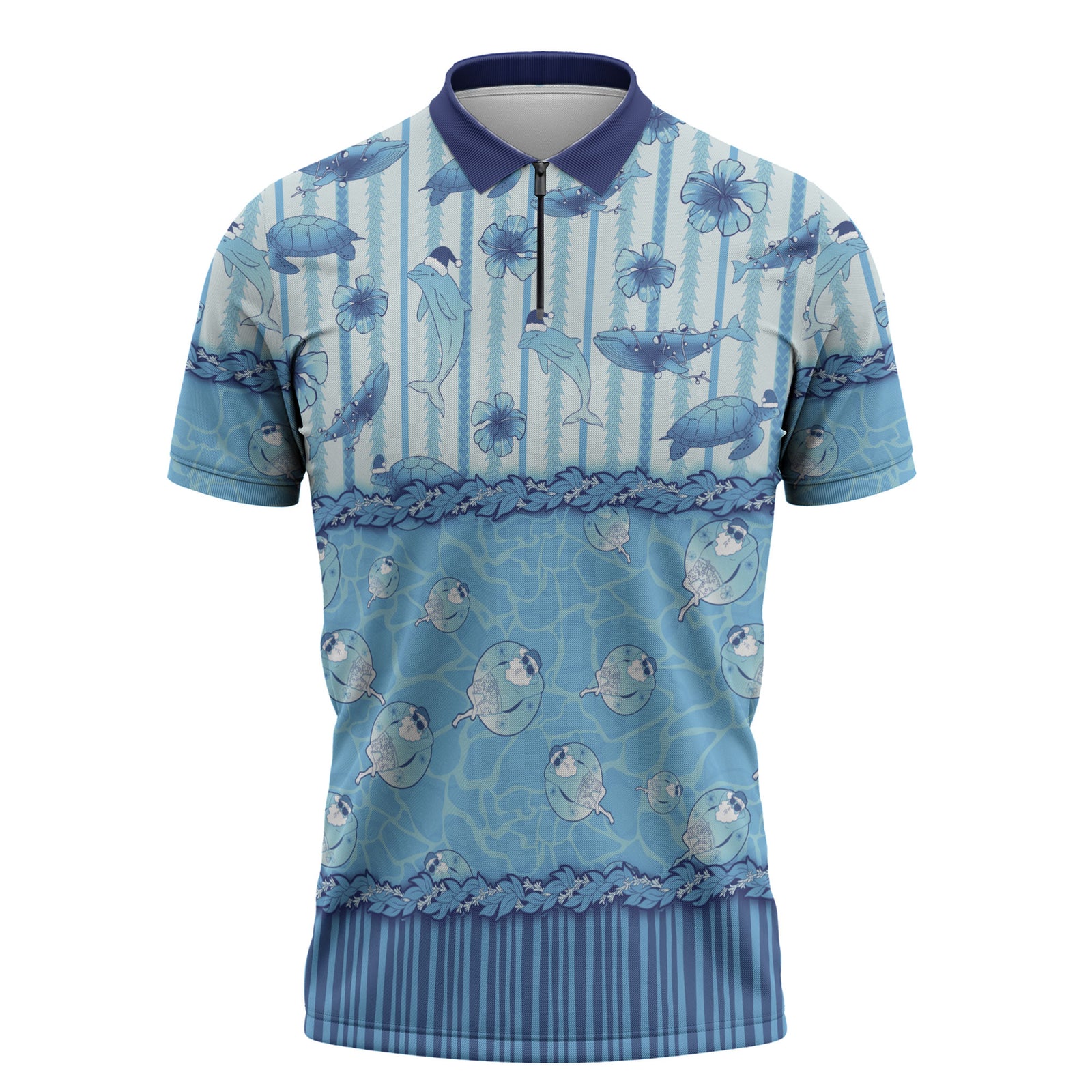 Hawaii Christmas In July Zipper Polo Shirt Sky Blue Mele Kalikimaka Sea Animals DT05 Blue - Polynesian Pride