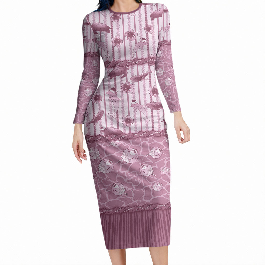 Hawaii Christmas In July Long Sleeve Bodycon Dress Dusty Pink Mele Kalikimaka Sea Animals DT05 Long Dress Pink - Polynesian Pride