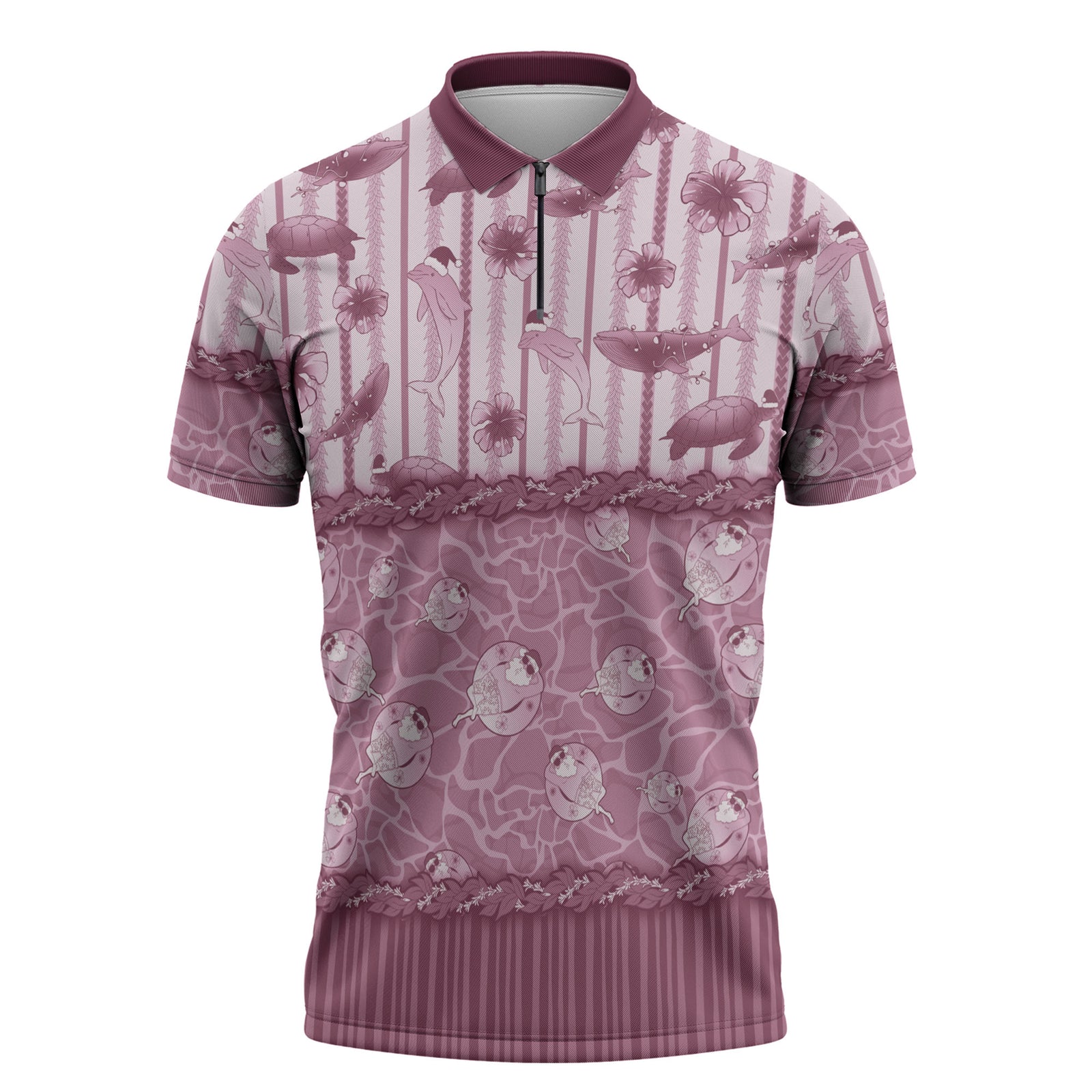 Hawaii Christmas In July Zipper Polo Shirt Dusty Pink Mele Kalikimaka Sea Animals DT05 Pink - Polynesian Pride