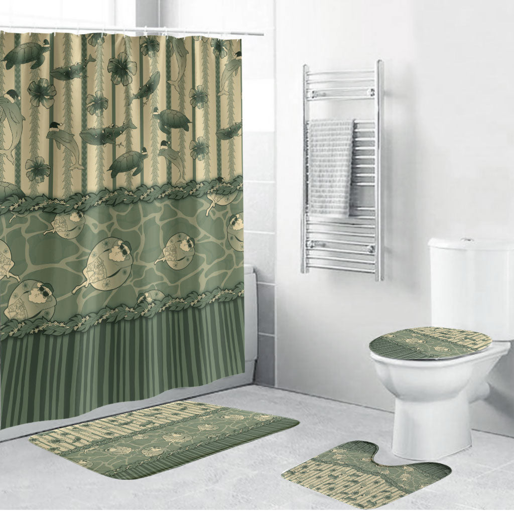Hawaii Christmas In July Bathroom Set Olive Green Mele Kalikimaka Sea Animals DT05 Bathroom Set (4 pcs) Green - Polynesian Pride