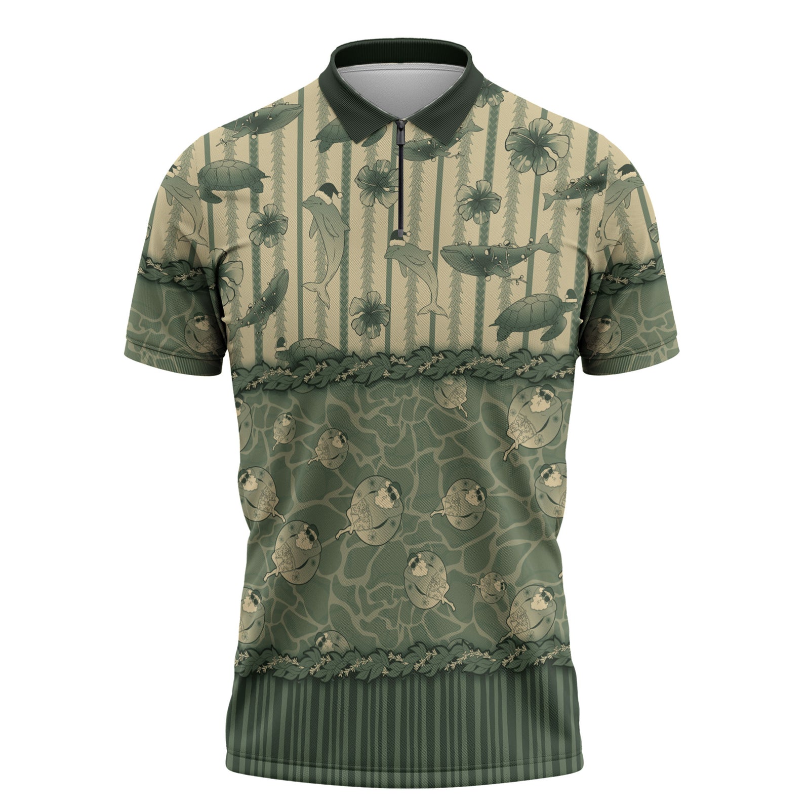 Hawaii Christmas In July Zipper Polo Shirt Olive Green Mele Kalikimaka Sea Animals DT05 Green - Polynesian Pride