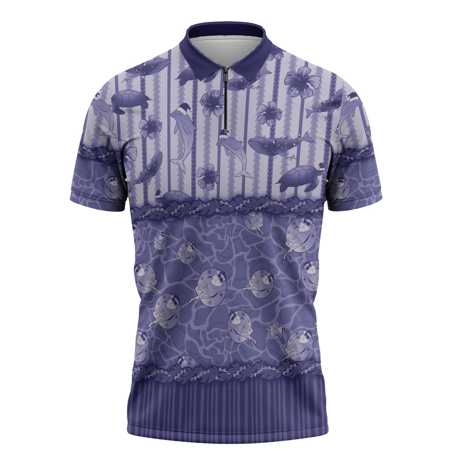 Hawaii Christmas In July Zipper Polo Shirt Amethyst Purple Mele Kalikimaka Sea Animals DT05 Purple - Polynesian Pride