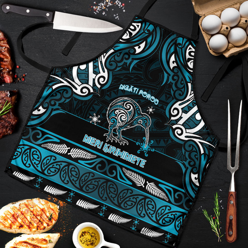 Ngati Porou Aotearoa Meri Kirihimete Apron Maori Kiwi Bird Silver Fern Koru Pattern DT05 Blue - Polynesian Pride
