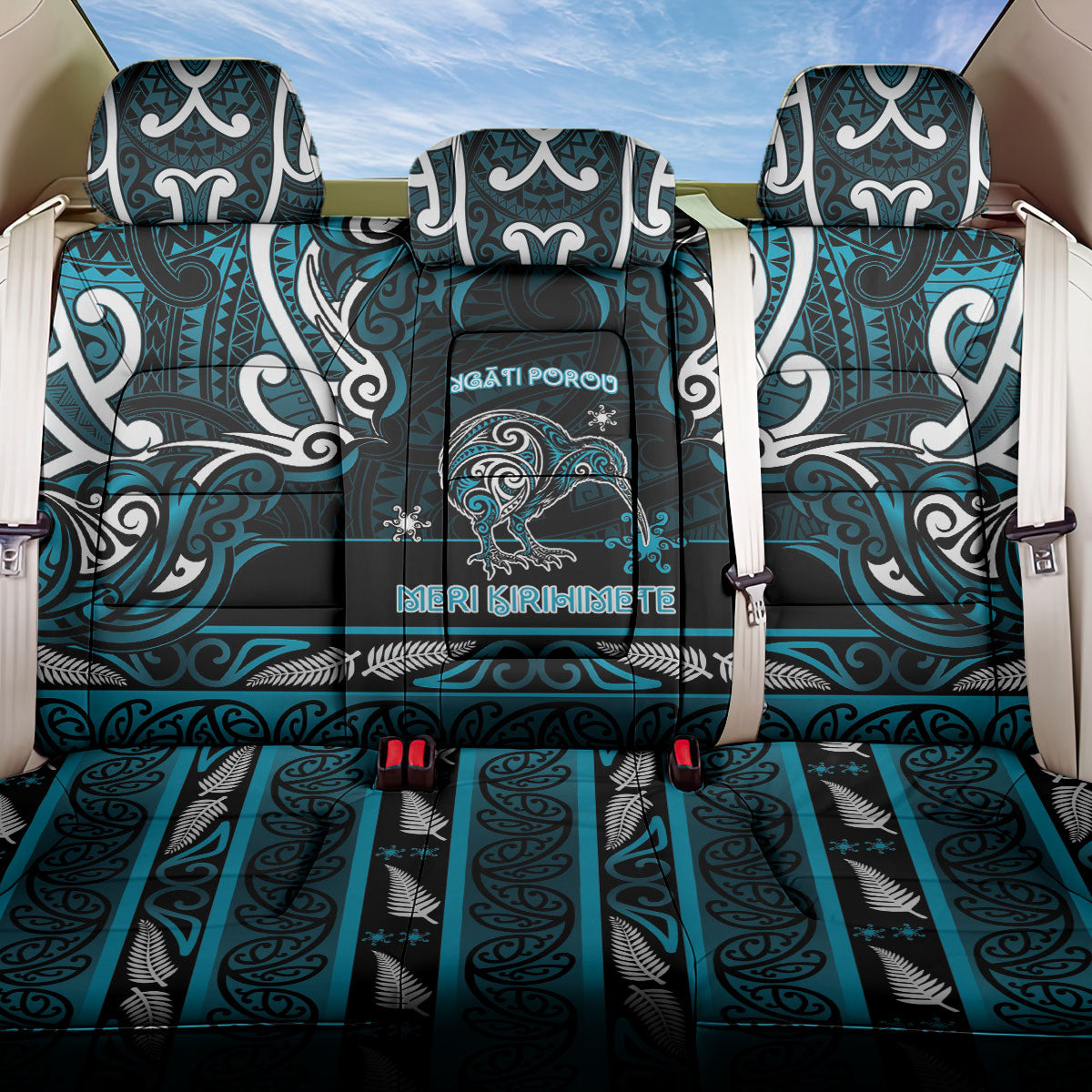 Ngati Porou Aotearoa Meri Kirihimete Back Car Seat Cover Maori Kiwi Bird Silver Fern Koru Pattern DT05 One Size Blue - Polynesian Pride