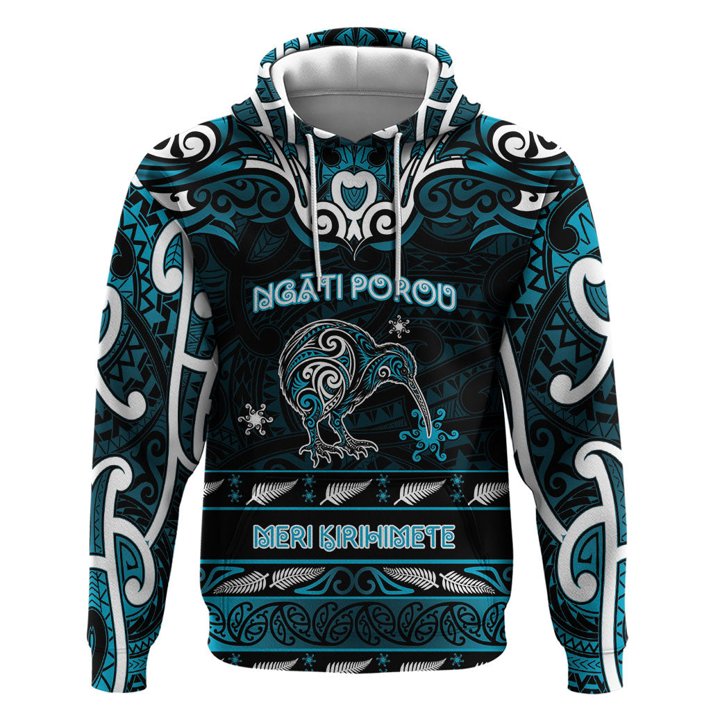 Personalised Ngati Porou Aotearoa Meri Kirihimete Hoodie Maori Kiwi Bird Silver Fern Koru Pattern DT05 Pullover Hoodie Blue - Polynesian Pride