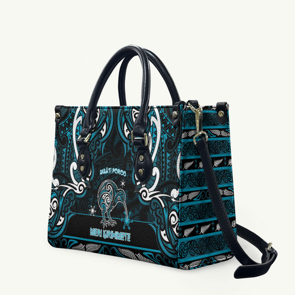 Ngati Porou Aotearoa Meri Kirihimete Leather Bag Maori Kiwi Bird Silver Fern Koru Pattern DT05 Blue - Polynesian Pride