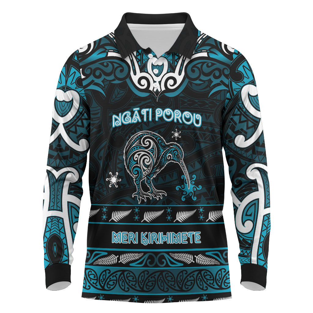 Personalised Ngati Porou Aotearoa Meri Kirihimete Long Sleeve Polo Shirt Maori Kiwi Bird Silver Fern Koru Pattern DT05 Blue - Polynesian Pride