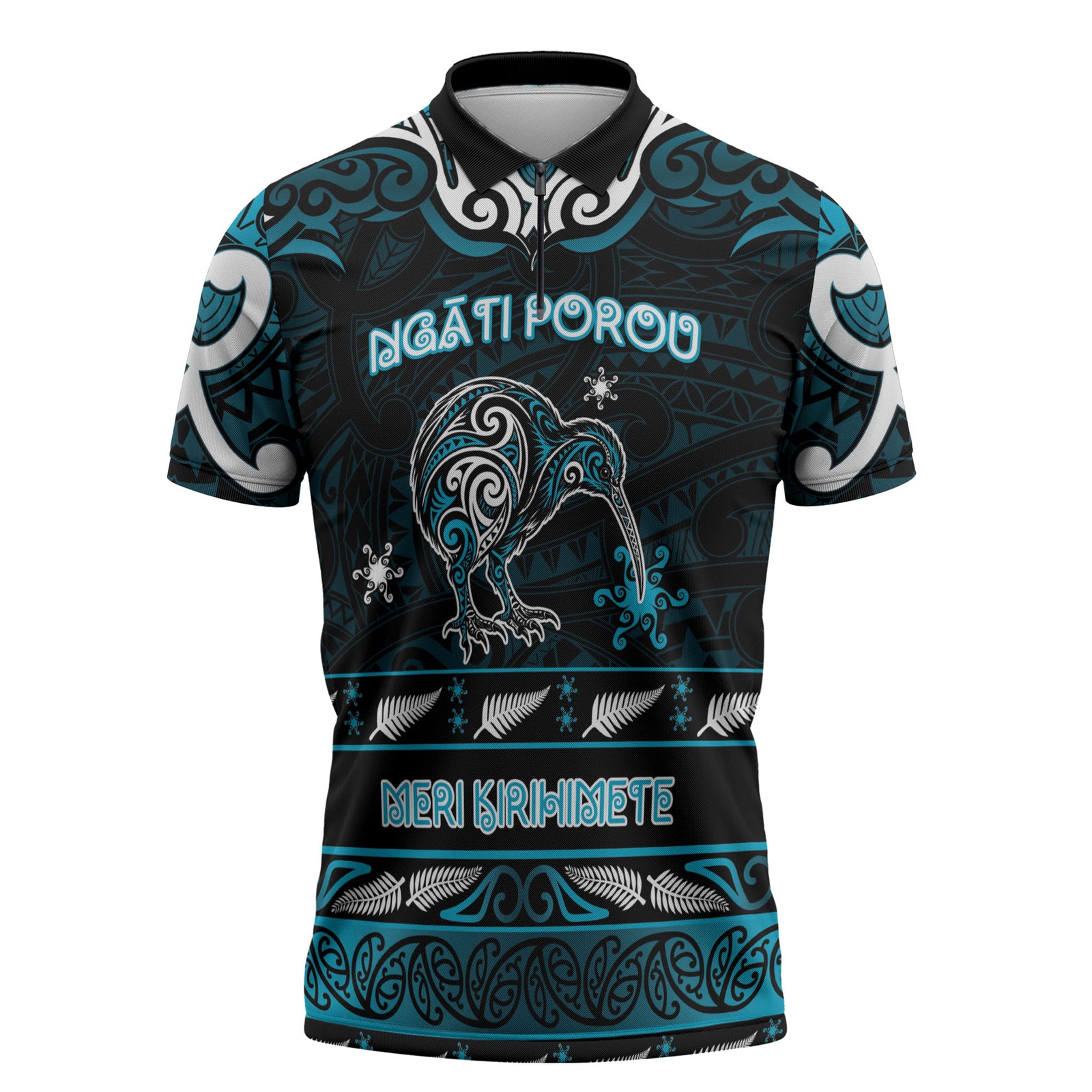 Personalised Ngati Porou Aotearoa Meri Kirihimete Zipper Polo Shirt Maori Kiwi Bird Silver Fern Koru Pattern DT05 Blue - Polynesian Pride