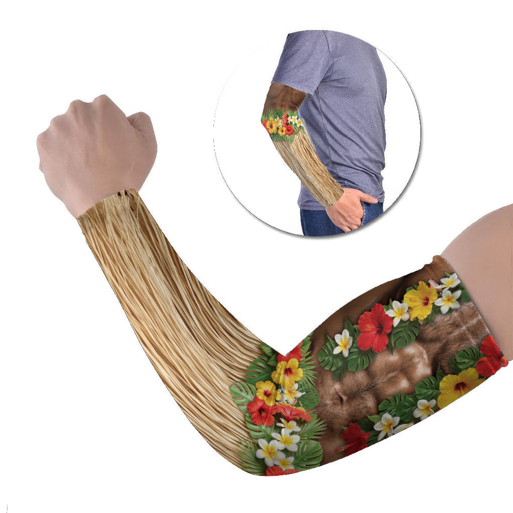 Muscle Hairy Hawaii 3D Funny Graphic Arm Sleeves Six Pack Abs Flower Lei Luau Prank DT05 Set of 2 Beige - Polynesian Pride
