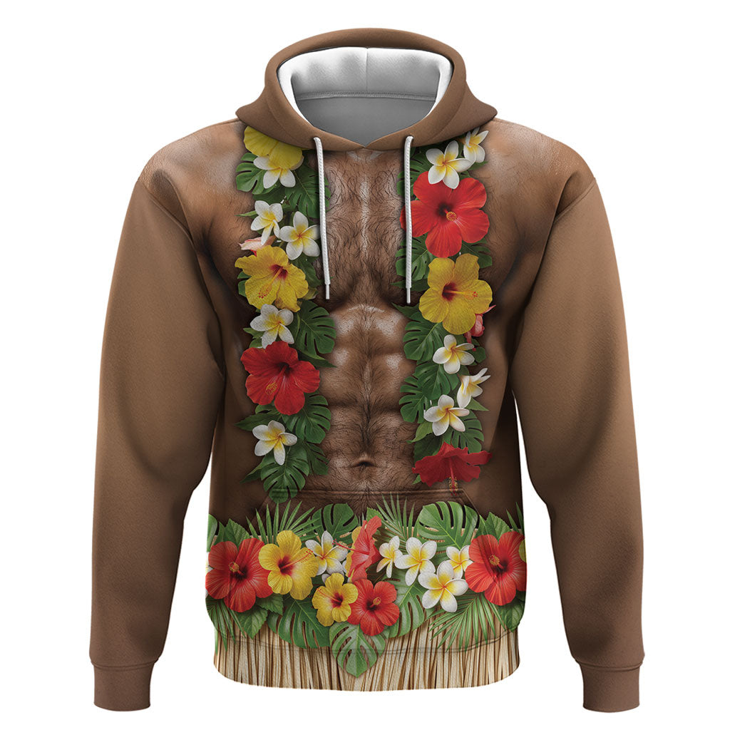 Muscle Hairy Hawaii 3D Funny Graphic Hoodie Six Pack Abs Flower Lei Luau Prank DT05 Pullover Hoodie Beige - Polynesian Pride
