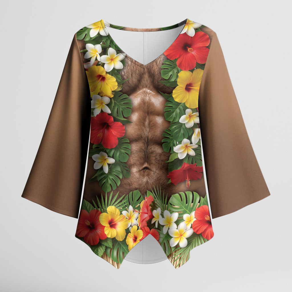 Muscle Hairy Hawaii 3D Funny Graphic Kimono Sleeve Blouse Six Pack Abs Flower Lei Luau Prank DT05 Female Beige - Polynesian Pride